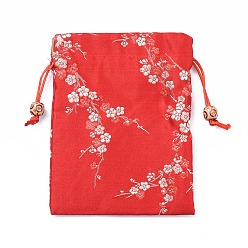 Red Silk Packing Pouches, Drawstring Bags, with Wood Beads, Red, 14.7~15x10.9~11.9cm