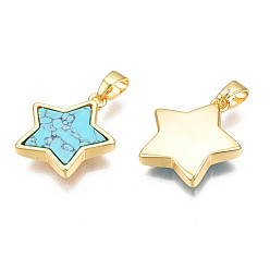 Türkis Echte 18 k vergoldete Messinganhänger, mit Kunst Türkiscabochons, Cadmiumfrei und Nickel frei und Bleifrei, Stern, Türkis, 17x15x3 mm, Bohrung: 2.5x5 mm
