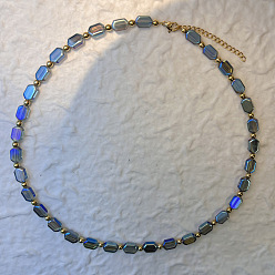 Dark Blue Handmade Lampwork Rectangle Beaded Necklaces with 201 Stainless Steel End Chains, Golden, Dark Blue, 17.72 inch(45cm)