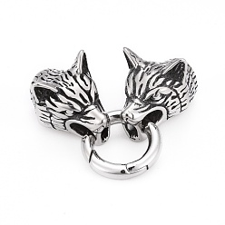 Antique Silver Wolf Head Stainless Steel Spring Gate Rings, O Rings with Two Cord End Caps, Antique Silver, 61x18x16.5mm