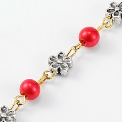 Красный Ручной круглые стекла жемчуг цепи для ожерелья браслеты делает, с бисером из цветка из тибетского сплава и железным штифтом для глаз, несварные, красные, 39.3 дюйм