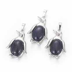 Синий Драгоценный Камень Синтетический синий авантюрин подвески, с латунной фурнитурой , пингвин, платина, 34~35x24~25x5~8 мм, отверстие : 8x5 мм