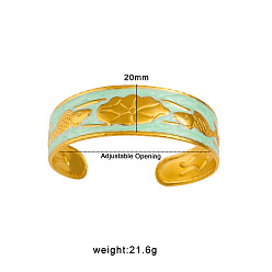 Pale Green 304 Stainless Steel Enamel Fish Cuff Bangles for Women, Real 18K Gold Plated, Pale Green, 2.36 inch(6cm), Inner Diameter: Adjustable