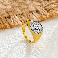 Goldenen und Edelstahl Farbe 304 Edelstahl Fingerringe, Runde mit Blume, goldenen und Edelstahl Farbe, us Größe 7 (17.3 mm)