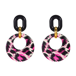 Фуксин Плоские круглые с овальными акриловыми подвесками-серьгами-гвоздиками, платиной и золотом, фуксиново-красные, 70x45 мм