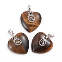 Tiger Eye Natural Tiger Eye Pendants, with Platinum Tone Brass Ice Pick Pinch Bails, Heart, 35~36x30~31x9mm, Hole: 7~8x5mm