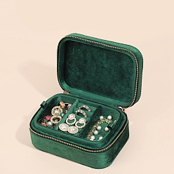 Dark Green 2-Tier Velvet Jewelry Set Storage Organizer Zipper Boxes, for Earrings, Rings, Bracelets, Necklaces, Rectangle, Dark Green, 16x10.8x7cm