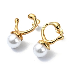 Golden Ion Plating(IP) 304 Stainless Steel Twist Ring Stud Earrings, with Round Plastic Pearl, Golden, 27.5x18mm