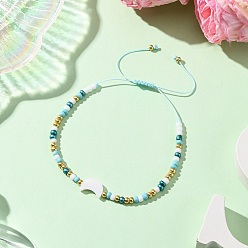 Луна Женские плетеные браслеты из натуральных пресноводных ракушек и стеклянных бусин, луна, внутренний диаметр: 1-5/8~3-5/8 дюйм (4.1~9.2 см), Луна: 11.5x8x3 мм