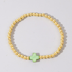 Бледно-Зеленый Латунные круглые бусины эластичные браслеты, Окрашенные натуральные ракушки, крестики-украшения для женщин, золотые, бледно-зеленый, 6.89 дюйм (17.5 см)