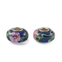 Dark Blue Lampwork & Brass Core European Beads, Large Hole Beads, Rondelle with Flower, Dark Blue, 15x7.5mm, Hole: 4mm