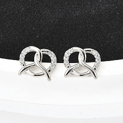 Платина Серьги-гвоздики из латунного микро-паве, сердце, платина, 8x10.5 мм