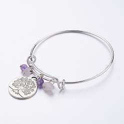 Amethyst Brass Expandable Charm Bangles, Amethyst, with Tibetan Style Tree of Life Pendants, 69mm(2-3/4 inch)