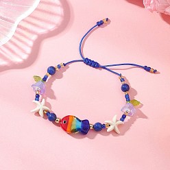 Синий Стекло плетеные из бисера браслеты, с натуральным окрашенным желтым нефритом и синтетической бирюзой, а также фарфоровыми и изготовленными вручную бусинами из стекла ручной работы., рыба, синие, внутренний диаметр: 1.85~3.23 дюйм (4.7~8.2 см)