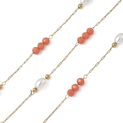 Светло-Коралловый 304 кабельные цепи из нержавеющей стали, со стеклом и АБС-пластиком, имитация жемчуга, ионное покрытие (ip), реальный 18 k позолоченный, пайки, с катушкой, круглый с овалом, свет коралловый, 9.5x3.5 мм, около 32.81 футов (10 м) / рулон