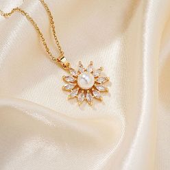 Цветок Модные латунные прозрачные кубические цирконии подвески кабельные цепочки ожерелья для женщин, с имитацией жемчуга, золотые, подсолнечник, 15.75 дюйм (40 см)