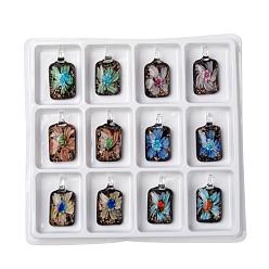 Mixed Color Handmade Gold Sand Lampwork Pendants, Cuboid, Mixed Color, 43x22x15mm, Hole: 8mm, 12pcs/box