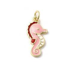 Pink Латунь эмаль подвески, без кадмия, без никеля и без свинца, с прыжковых колец, реальный 18 k позолоченный, прелести морских коньков, розовые, 19x10x2.5 мм, отверстие : 3 мм