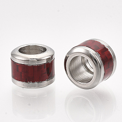 Малиновый 304 из нержавеющей стали бусы, с волокном, бусины с большим отверстием, колонна с рисунком плетения корзин, цвет нержавеющей стали, малиновый, 10x8 мм, отверстие : 6 мм