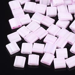 Pearl Pink 2-Hole Opaque Glass Seed Beads, Lustered, Dyed, Rectangle, Pearl Pink, 5x4.5~5.5x2~2.5mm, Hole: 0.5~0.8mm