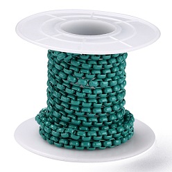 Teal Eco-friendly Spray Painted Handmade Brass Box Chains, Soldered, with Spool, Teal, 4x4mm, 32.8 Feet(10m)/roll