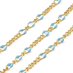 Светло-Голубой Латунные эмалевые цепи фигаро, с катушкой, долговечный, пайки, без свинца и без кадмия, Небесно-голубой, 5x3x0.8 мм