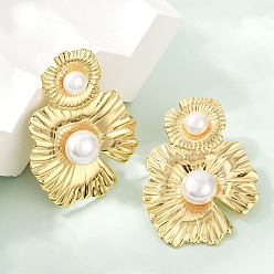 Настоящее золото 18K 304 серьги-гвоздики из нержавеющей стали и АБС-пластика с жемчугом для женщин, ионное покрытие (ip), цветок, реальный 18 k позолоченный, 53x39 мм