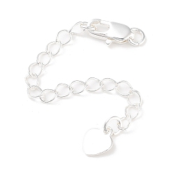 Посеребрённый Латунный удлинитель цепи, концевые цепи, без кадмия, без никеля и без свинца, сердце, 925 серебро покрытием, 69 мм