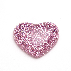 Flamant Cabochons en résine, avec de la poudre de paillettes, cœur, flamant, 14x16x5mm