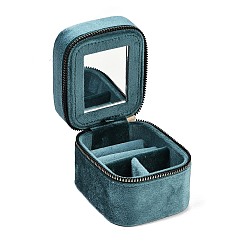 чирок Мини-прямоугольные бархатные шкатулки для хранения украшений на молнии с зеркалом внутри, Портативный дорожный футляр для ювелирных изделий для хранения колец, серег, браслетов, зелено-синие, 8.7x10.5x7.8 см