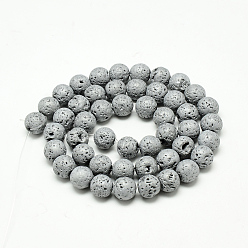 Platinum Plated Electroplate Natural Lava Rock Beads Strands, Matte Style, Round, Platinum Plated, 8x8.5mm, Hole: 1mm, about 48pcs/strand, 15.3 inch