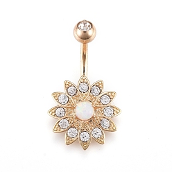 Golden Piercing-Schmuck, kubischer Zirkiona-Nabelring aus Messing, Bauchringe, mit 304 Edelstahlstab & synthetischem Opal, golden, 26.5x16 mm, Stange: 15 Spurweite(1.5mm), Stangenlänge: 3/8"(10mm)