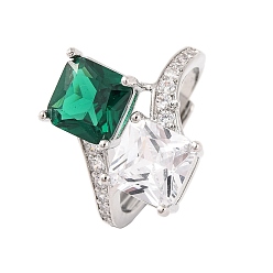 Зеленый Регулируемые кольца из квадратной латуни с микропаве и прозрачным фианитом, для женщин, без свинца и без кадмия, платина, зелёные, 18x18 мм и 19x19 мм, внутренний диаметр: 18 мм