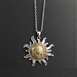 Унакит Подвеска в виде солнца из натурального унакита, цепочка из сплава, винтажное ожерелье, платина, 19.69 дюйм (50 см)