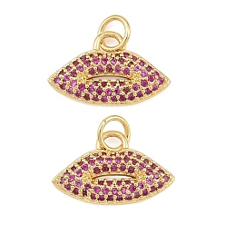 Real 18K Gold Plated Brass Micro Pave Medium Violet Red Cubic Zirconia Pendants, Lip Charms, Rack Plating, Long-Lasting Plated, Cadmium Free & Lead Free, Real 18K Gold Plated, 10.5x16.5x2.5mm, Hole: 3.5mm