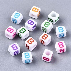 Letter B Акриловые бусины, горизонтальное отверстие, куб с разноцветными буквами, letter.b, 6x6x6 мм, отверстие : 3 мм, Около 2600 шт / 500 г