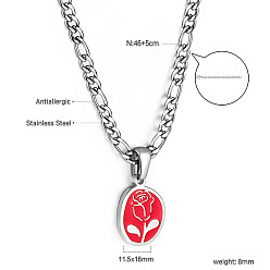 Roja 304 Collares para mujer con colgante ovalado de flor de rosa en acero inoxidable esmaltado., color acero inoxidable, rojo, 18.11 pulgada (46 cm)