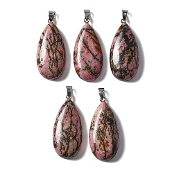 Rhodonite Natural Rhodonite Pendants, with 304 Stainless Steel Snap on Bails, Teardrop Charm, 44x20x9mm, Hole: 7x4mm