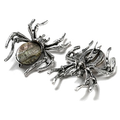 Gray Dual-use Items Alloy Pave Dyed Shell Spider Brooch, with Jet Rhinestone, Antique Silver, Gray, 57.5~58x41.5~42x12.5mm, Hole: 4x3mm