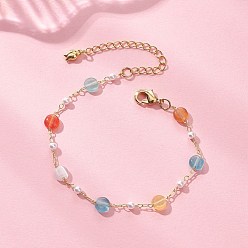 Настоящее золото 18K Разноцветные браслеты из бусин кошачий глаз и пластикового жемчуга для женщин, плоско-круглые, с медной кабельной цепью, реальный 18 k позолоченный, 6-7/8 дюйм (17.6 см)