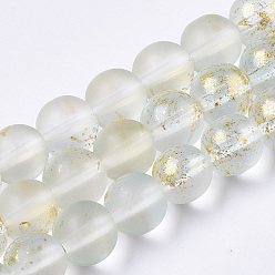 Azure Frosted Spray Painted Glass Beads Strands, with Golden Foil, Round, Azure, 8~9mm, Hole: 1.2~1.5mm, about 46~56pcs/Strand, 14.37 inch~16.3 inch(36.5~41.4cm)