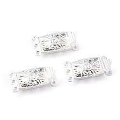 Посеребрённый Латунь филигрань коробка застежками, многожильные застежки, 3-нити, 6 отверстия, прямоугольные, 925 серебро покрытием, 20x10x4.5 мм, отверстие : 1 мм