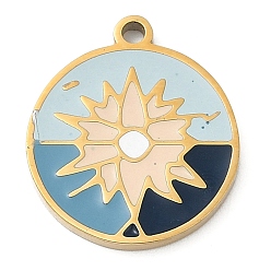 Разноцветный 304 подвески из нержавеющей стали, с эмалью, плоский круглый с солнечным шармом, золотые, красочный, 17x15x1.7 мм, отверстие : 1.4 мм