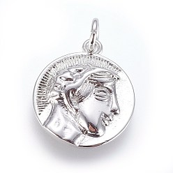Платина Латунные подвески, плоские круглые с человека, платина, 17x15x3 мм, отверстие : 3 мм