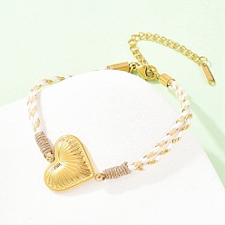 Белый 304 из нержавеющей стали ссылка браслеты, Браслеты из хлопковой веревки, плетеные для женщин, реальный 18 k позолоченный, белые, 7.09 дюйм (18 см), Сердце: 21x19.5x4 mm