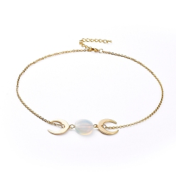 Opalite Pendant Necklaces, with Opalite Beads, 304 Stainless Steel Cable Chains, Iron Curb Chains, Double Horn/Crescent Moon Brass Pendants & Lobster Claw Clasps, 14.57 inch(37cm), Pendant: 59x17.8x6mm