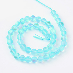 Deep Sky Blue Synthetic Moonstone Beads Strands, Holographic Beads, Dyed, Frosted, Round, Deep Sky Blue, 8mm, Hole: 1mm, about 45~47pcs/strand, 14~15 inch