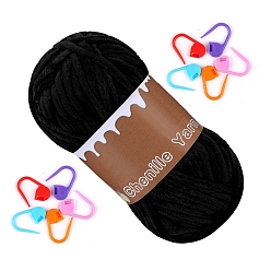 Черный Шерстяная пряжа шенилл толстая, для ткачества, вязание крючком, с маркером фиксирующего стежка, чёрные, 3 мм, около 131.23 ярдов (120 м) / моток