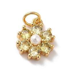 Yellow Rack Plating Brass Micro Pave Cubic Zirconia Charms, with Pearl, Cadmium Free & Lead Free, Real 18K Gold Plated, Flower, Yellow, 12.5x10.5x4mm, Hole: 3.6mm