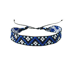 Royal Blue Bohemia Polyester Braided Flat Cord Bracelet, Adjustable Bracelet for Women, Royal Blue, 6-1/2~9-7/8 inch(16.5~25cm)